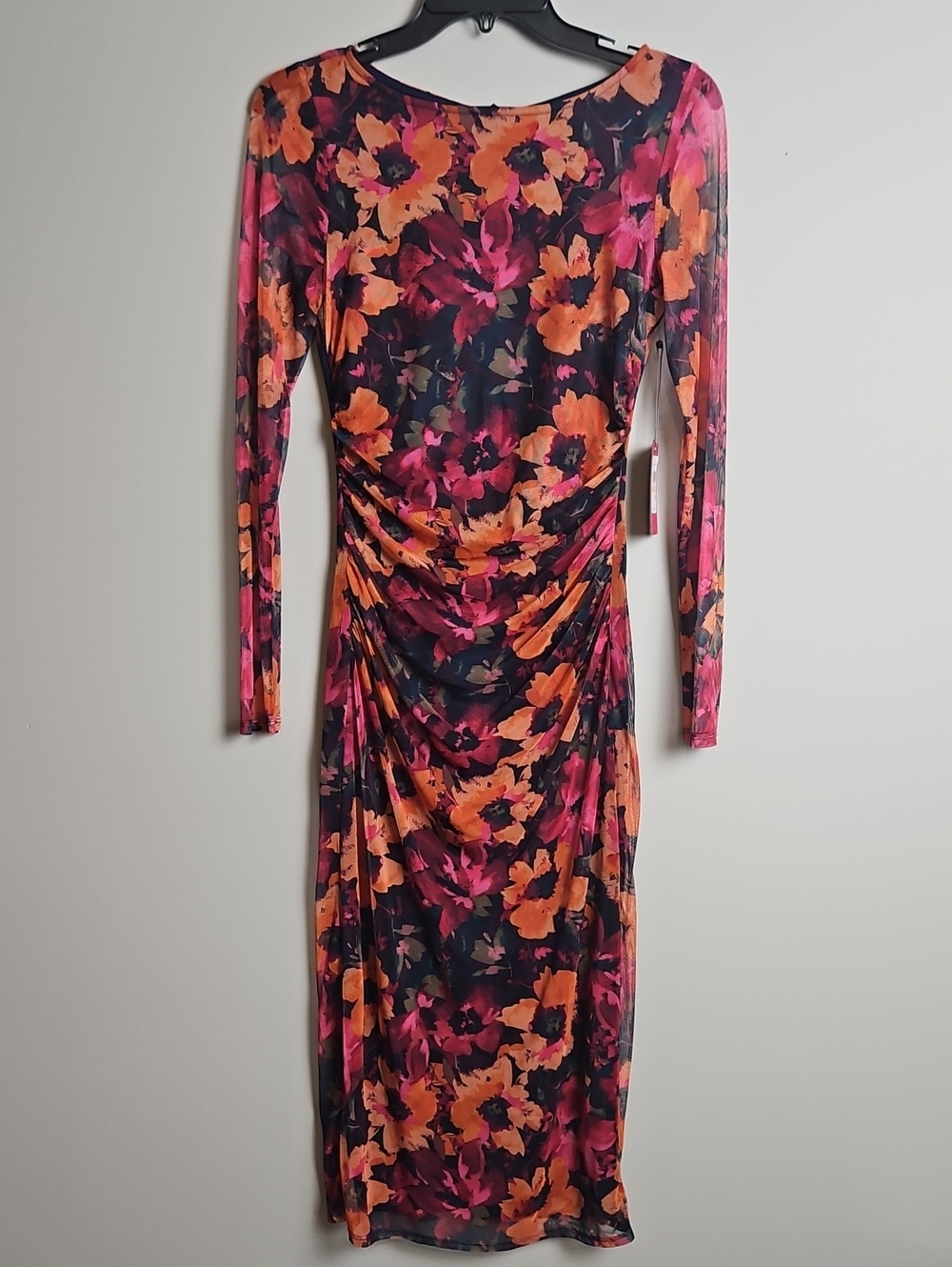 Vince Camuto Ruched Long Sheer Sleeve Body-con Midi Dress: Floral Berry: Size- 2